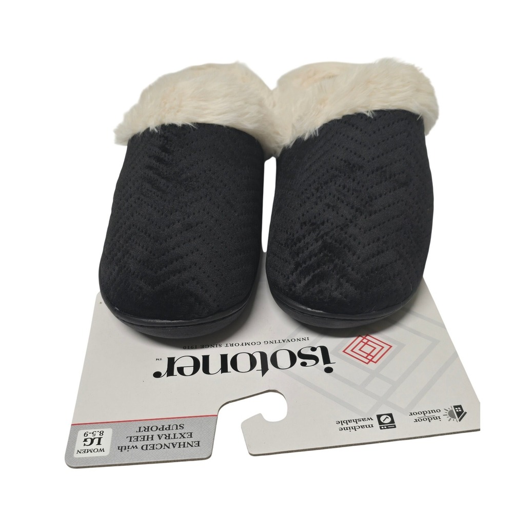 Isotoner Womens Black Clog Slippers Faux Fur Trim Indoor Outdoor 8/9 LG NWT